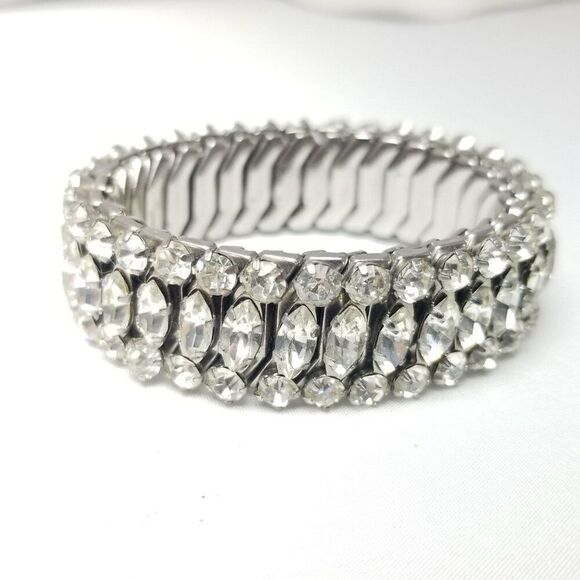Vintage Three Row Rhinestone Expansion Bracelet, Marquise Shape, Estate - Picture 3 of 6
